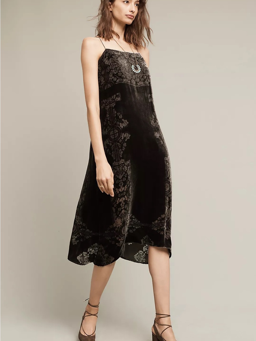Green Velvet Anthropologie Slip Dress with Lace-Effect Detail Size XXSP
